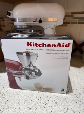KitchenAid White Stand Mixer with Grain Mill Attachment and Red Box Accent